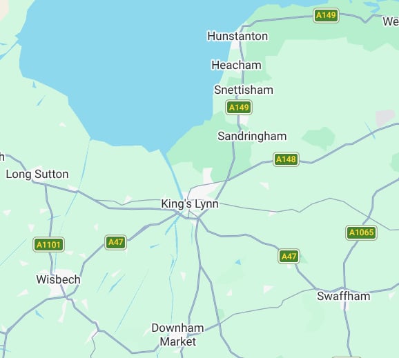 Map showing Wisbech, King's Lynn and Hunstanton